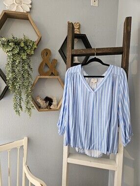 Saint John's Bay Active Blue and White Striped V-Neck Blouse